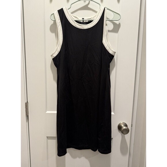 Karl Lagerfeld Paris Womens Black Sleeveles Fitted Dress Contrast-Trim Large - Picture 2 of 5